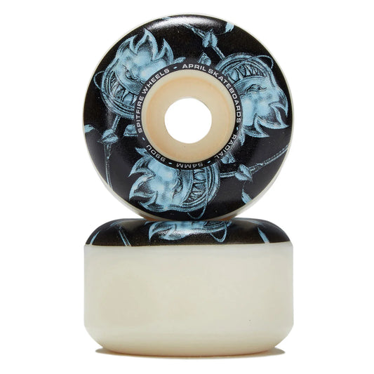 A pair of skateboard wheels stacked vertically on a white background. The top wheel shows the printed side with a black background, light blue dragon illustrations, and white text reading 'spitfire Wheels - April Skateboards'.