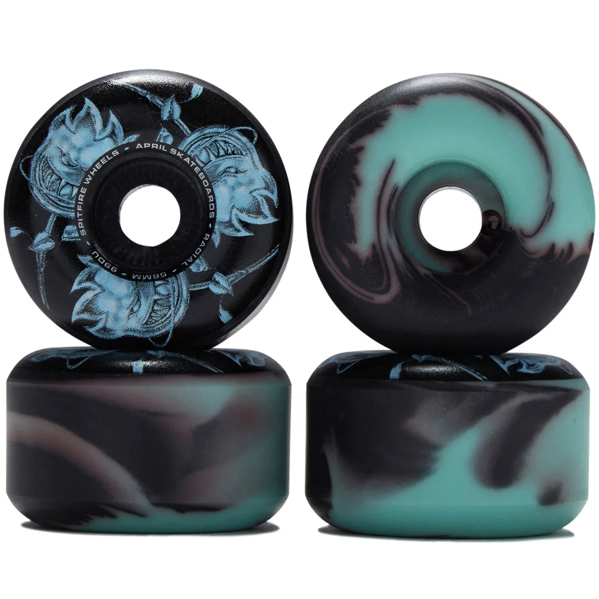 Four skateboard wheels arranged in a 2x2 stack on a white background. Two wheels show a black base with light blue graphic artwork, and the other two show a black and teal marbled swirl pattern.