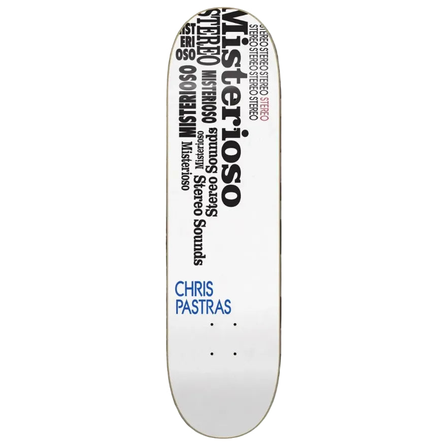 White skateboard deck with text on a gray background with 'Stereo' branding.