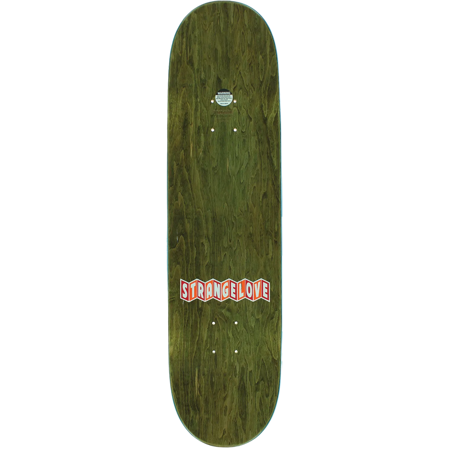 Wooden skateboard deck with 'StrangeLove' logo on a white background