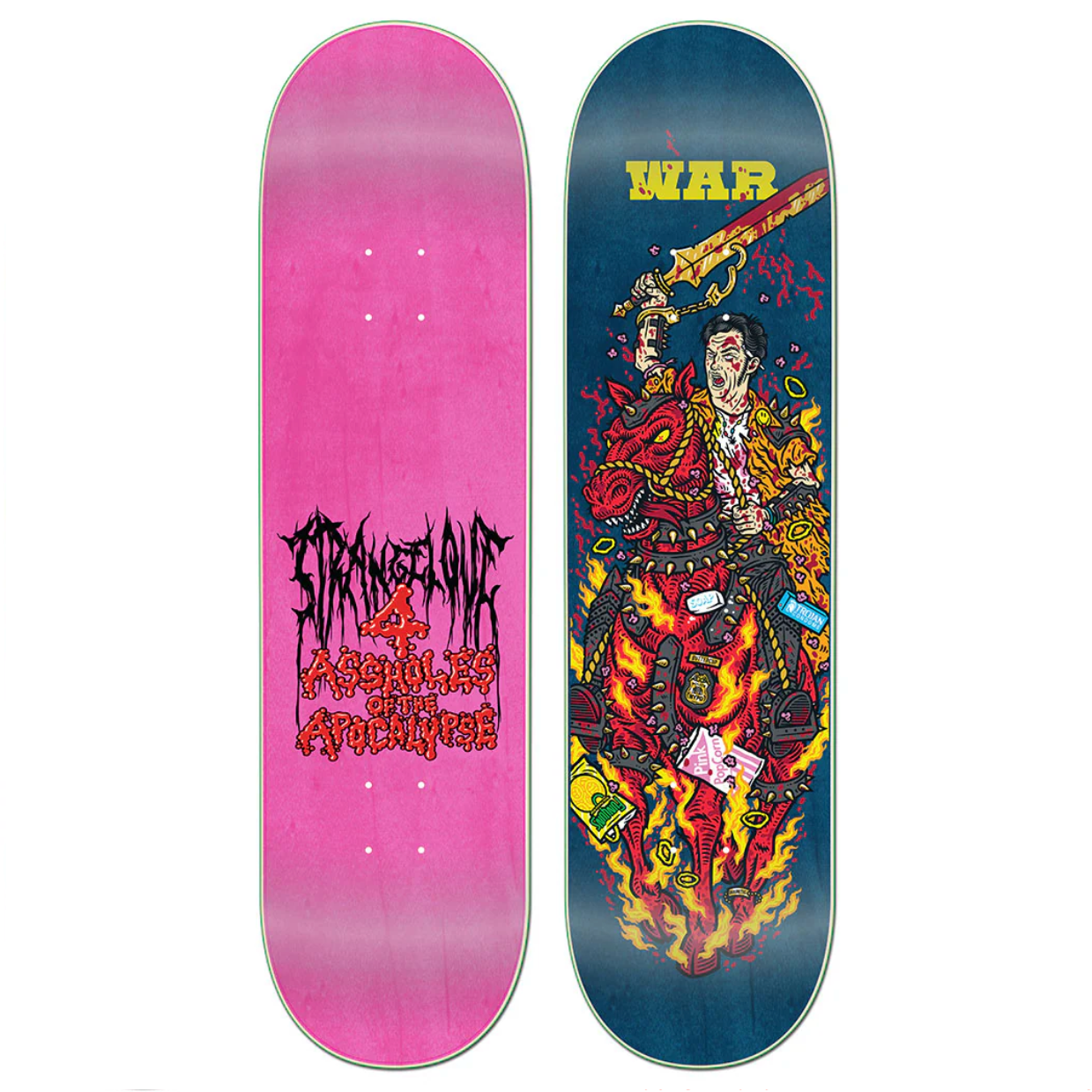 Two skateboard decks, one pink and one with a colorful graphic design, on a white background.