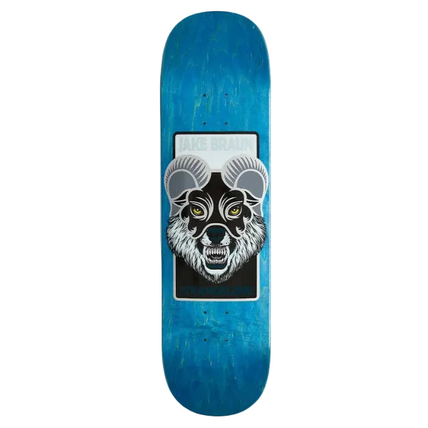 Skateboard deck with a wolf graphic and 'Jake Brian' branding on a blue background