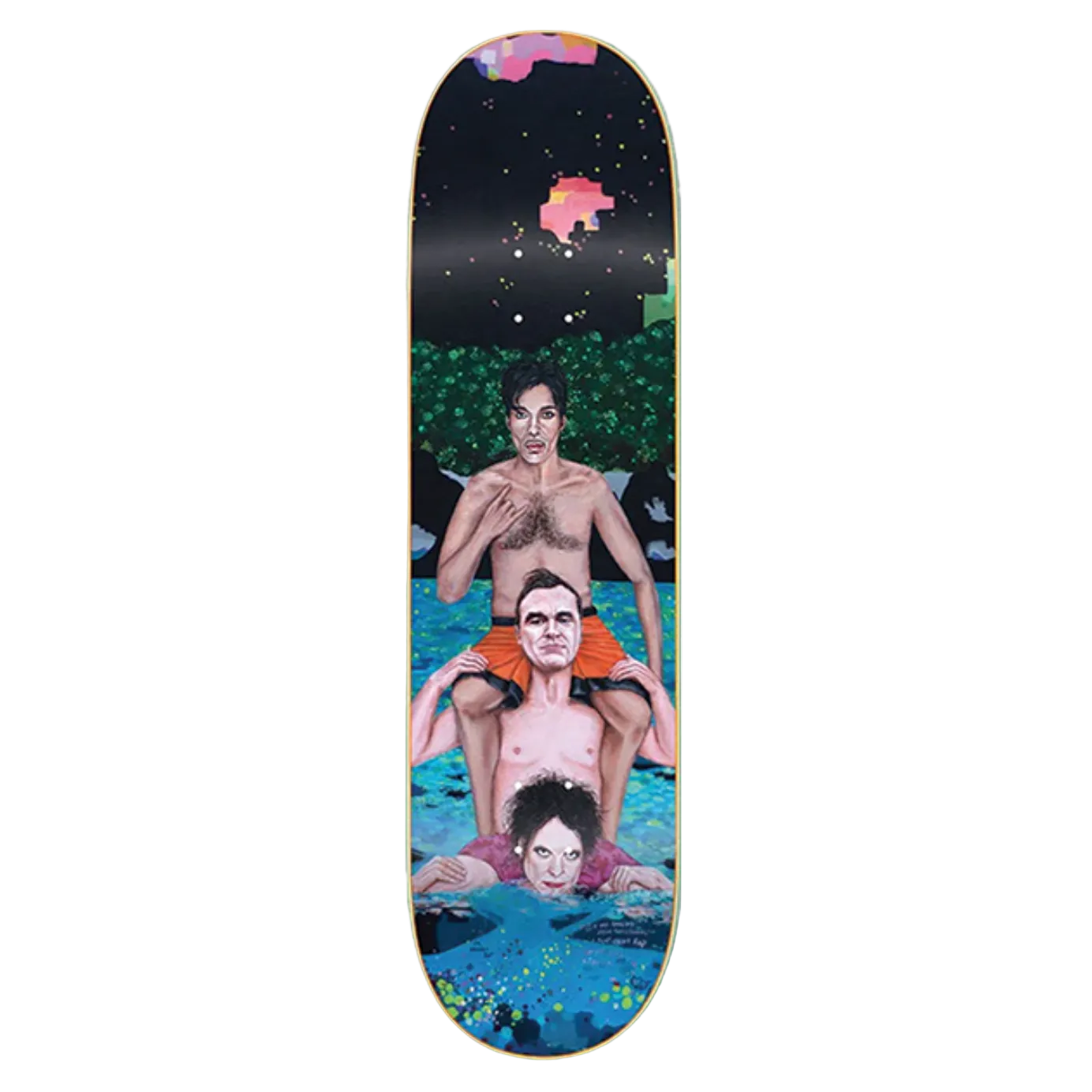 Skateboard deck with artistic depiction of people in a pool on a black background