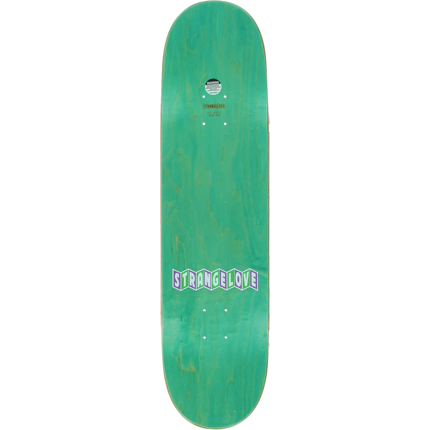 Green skateboard deck with 'Stranglelove' branding on a white background