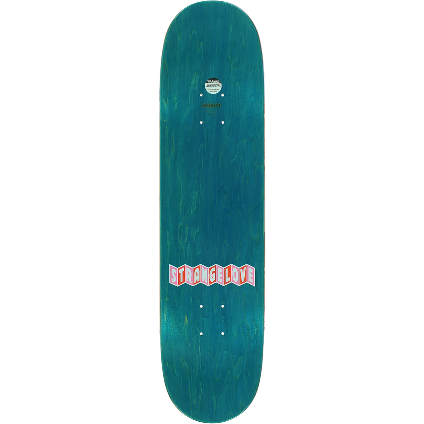 Teal skateboard deck with a red and white logo on a white background