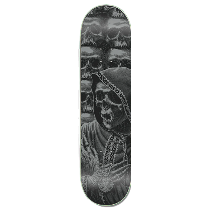 Skateboard deck with black and white design on a white background