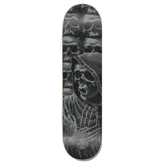 Skateboard deck with black and white design on a white background