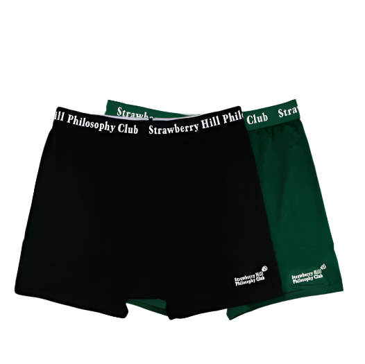 Two pairs of black and green boxer briefs with 'Strawberry Hill Philosophy Club' waistband on a white background.