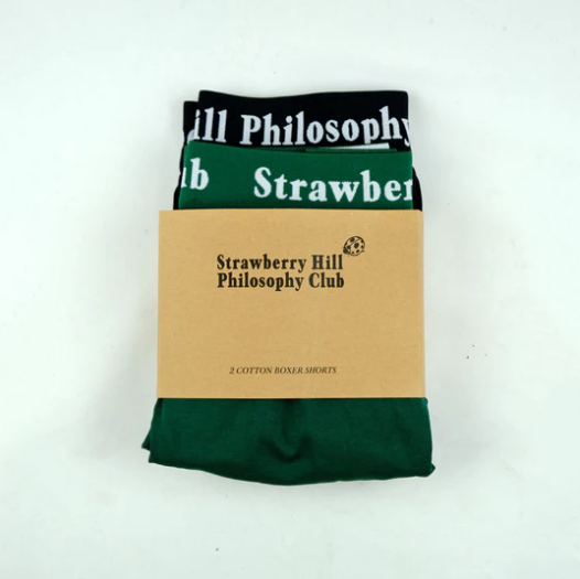 Pack of green boxer shorts with 'Strawberry Hill Philosophy Club' branding on a white background