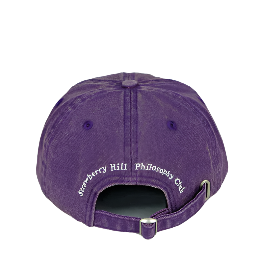 Purple cap with 'Strawberry Hill Philosophy Club' text on a white background