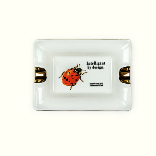 White ceramic ashtray with a ladybug illustration and text on a white background