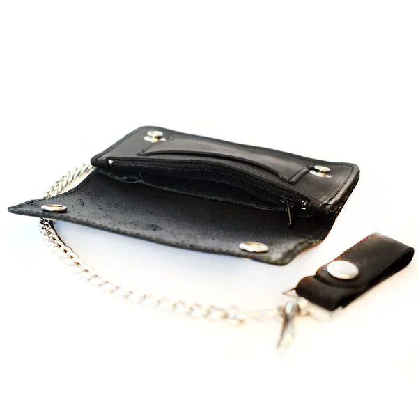 Black leather wallet with chain strap on a white background