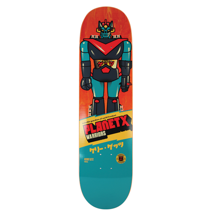 Skateboard deck with robot design and 'Planet X' branding on a white background