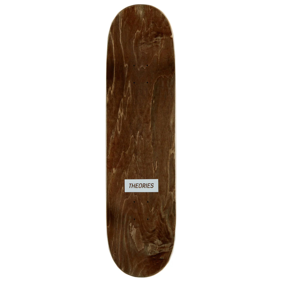Wooden skateboard deck with 'THEORIES' logo on a white background