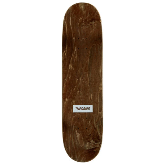 Wooden skateboard deck with 'THEORIES' logo on a white background