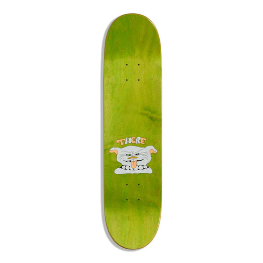 Green skateboard deck with a cartoon character and text on a white background