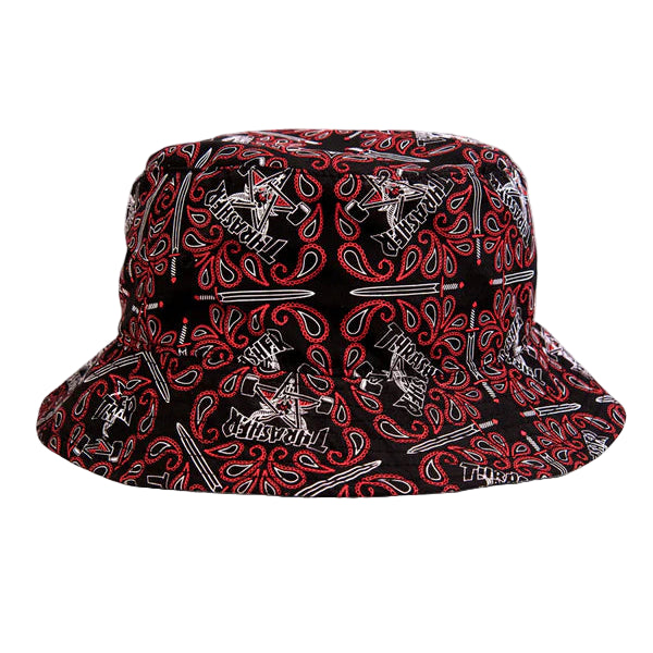 Bucket hat with red and black pattern on a white background