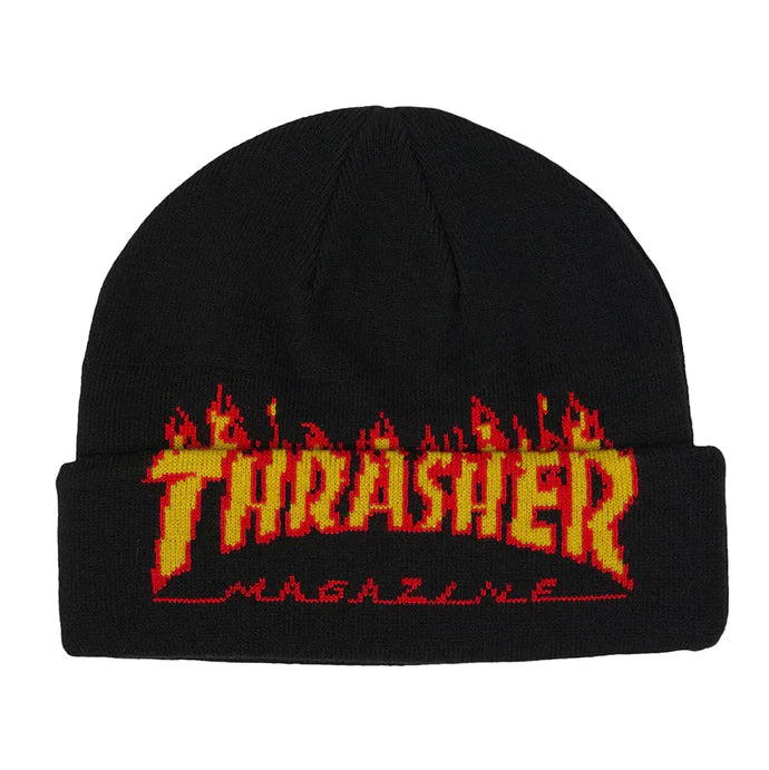 Black beanie with 'Thrasher Magazine' logo in yellow and red on a white background