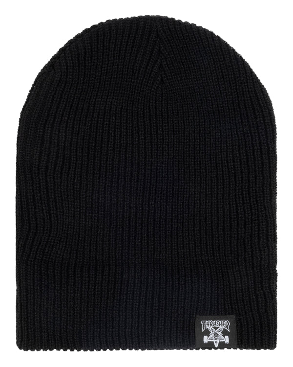 Black knit beanie with a logo on a light gray background