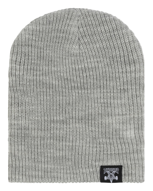 Gray knit beanie with a brand logo on a white background