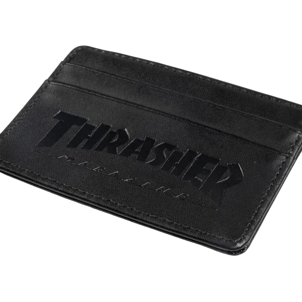 Black cardholder with 'Thrasher' branding on a light gray background
