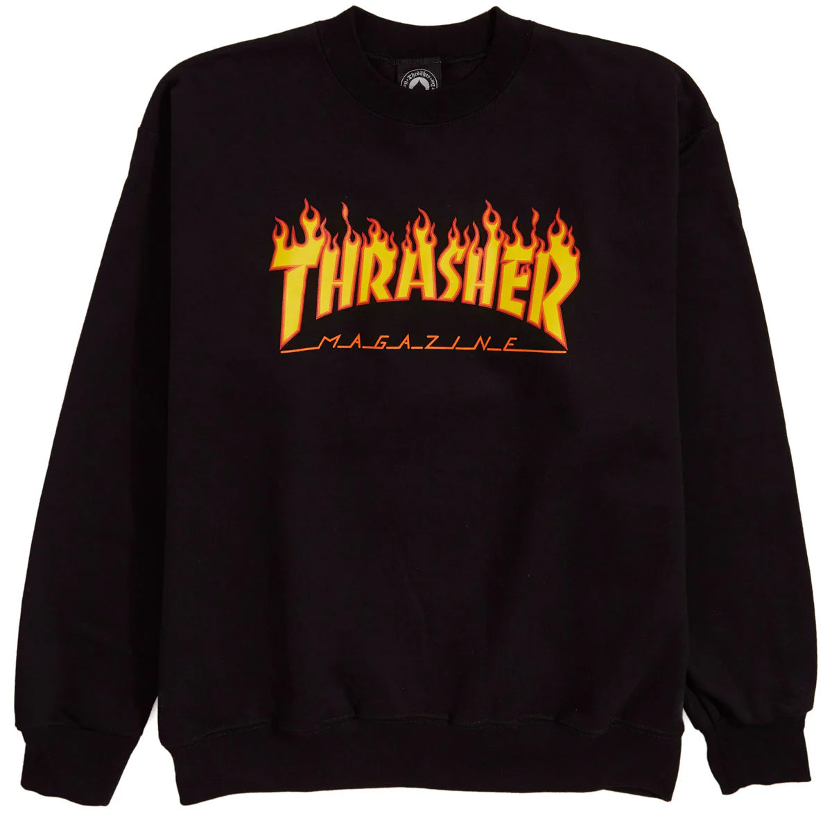 Black sweatshirt with 'Thrasher Magazine' logo featuring flames on a white background