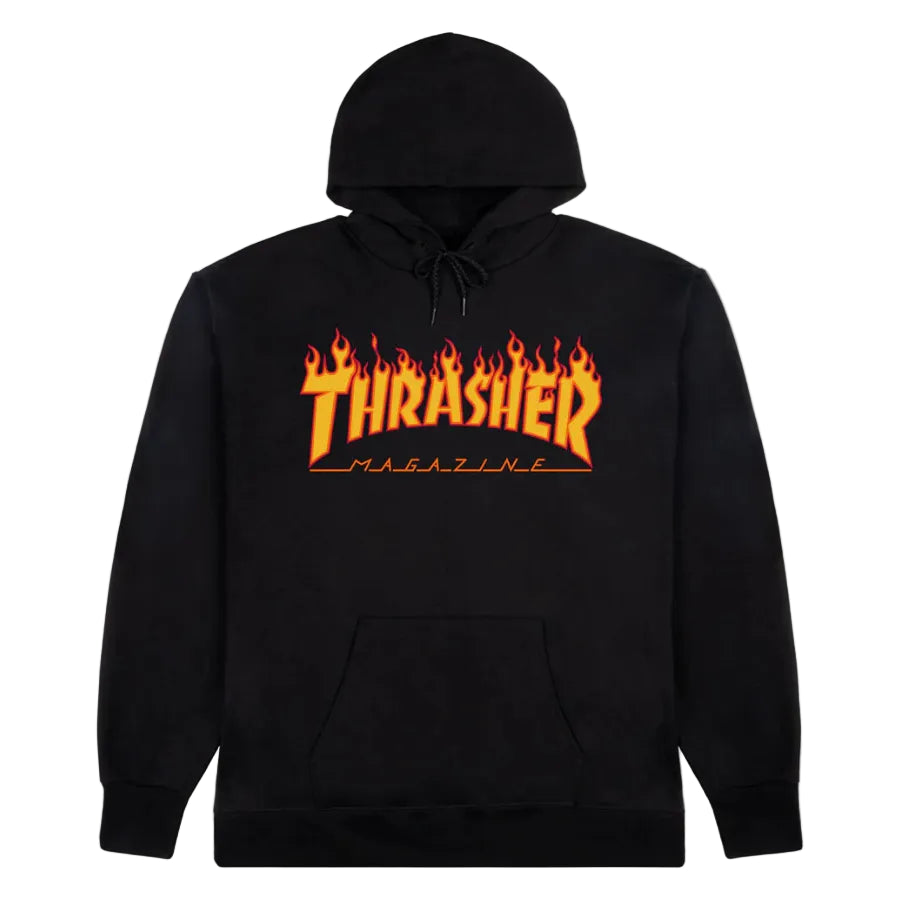 Black hoodie with orange and yellow 'Thrasher Magazine' logo on a white background