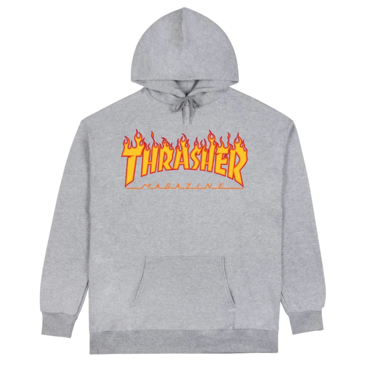 Gray hoodie with orange and yellow 'Thrasher Magazine' logo on a white background