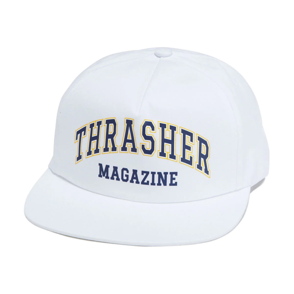 White cap with 'Thrasher Magazine' text on a white background