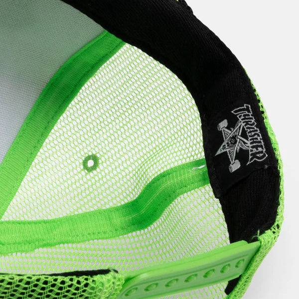 Close-up of a green mesh cap with black strap and brand logo on a white background