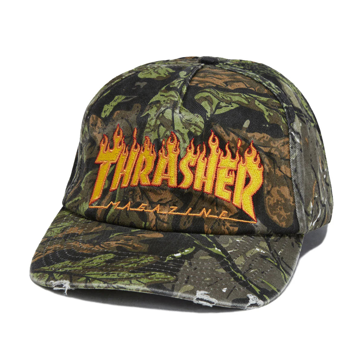 Camouflage cap with 'Thrasher Magazine' logo on a white background