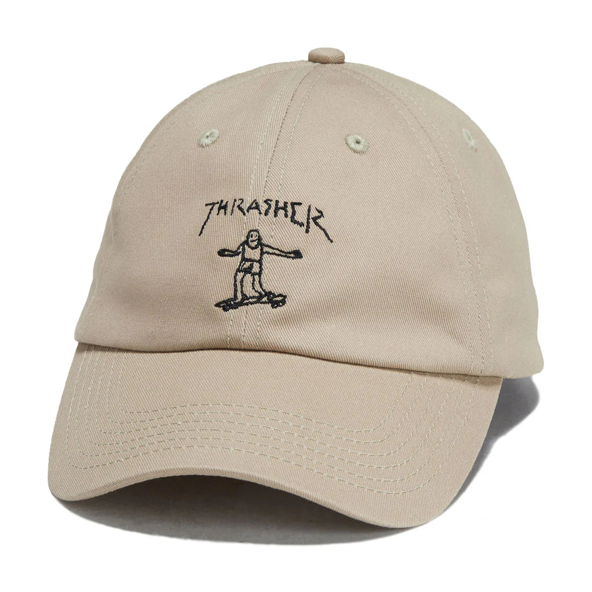 Beige cap with black embroidered design on a white background