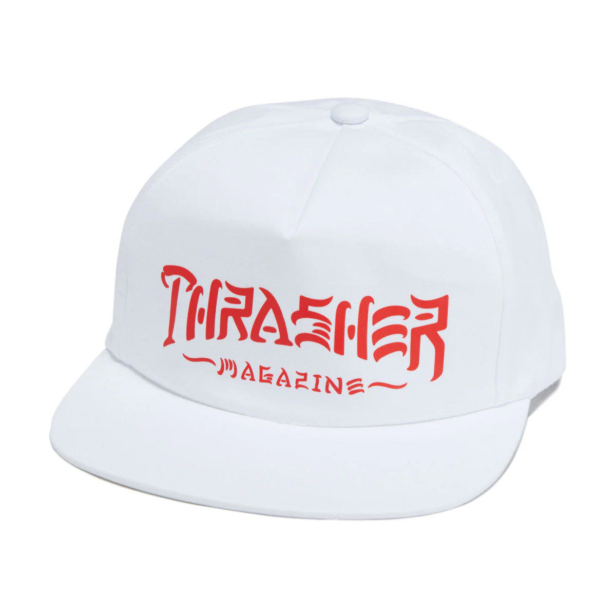 White cap with red 'Thrasher Magazine' logo on a white background