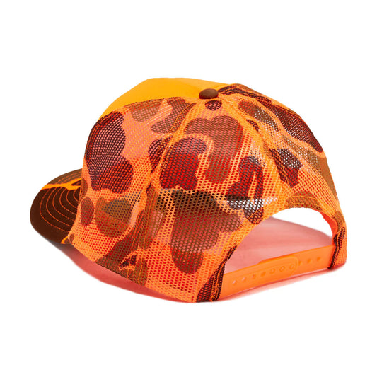 Orange and black camouflage cap on a white background