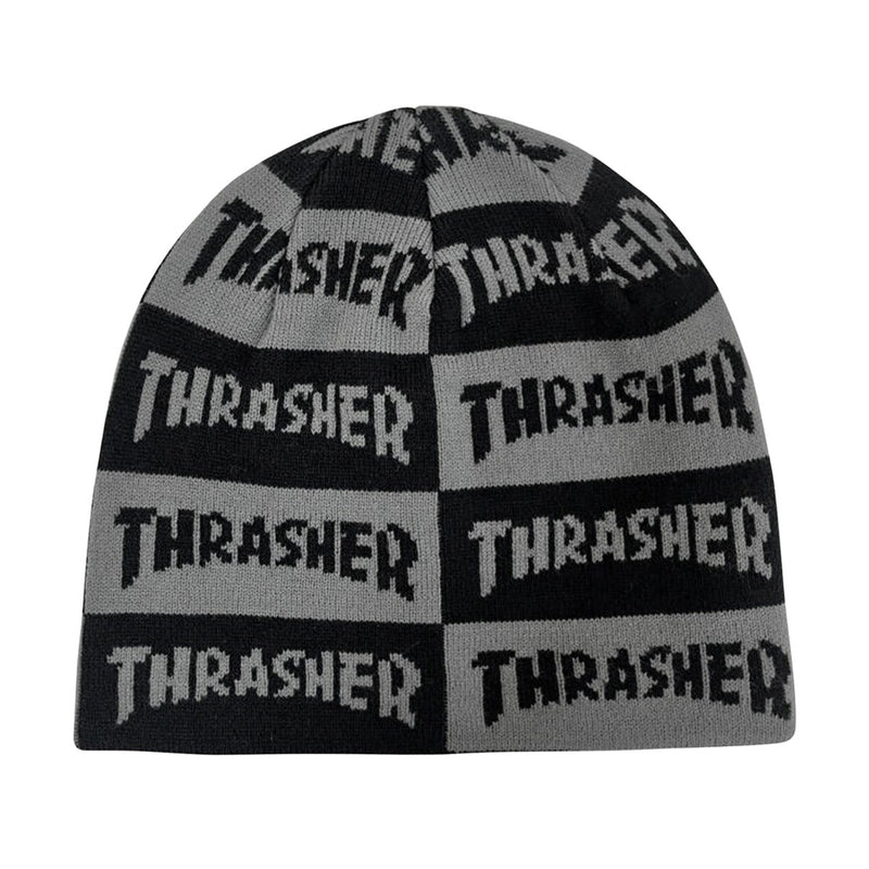 Black and gray beanie with 'Thrasher' logo pattern on a white background
