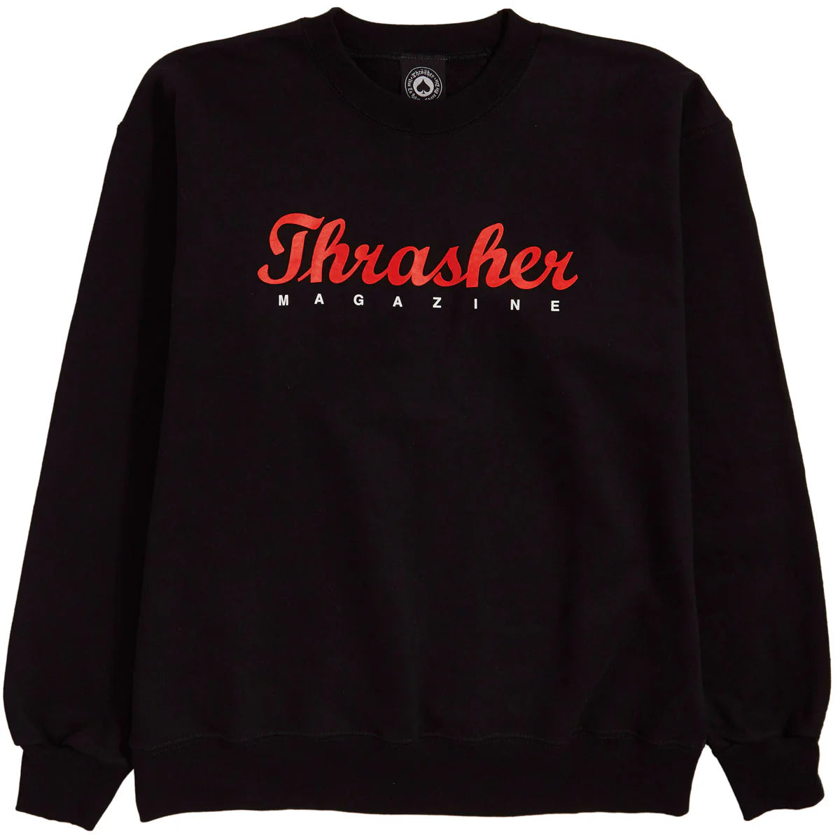 Black sweatshirt with red 'Thrasher Magazine' logo on a white background
