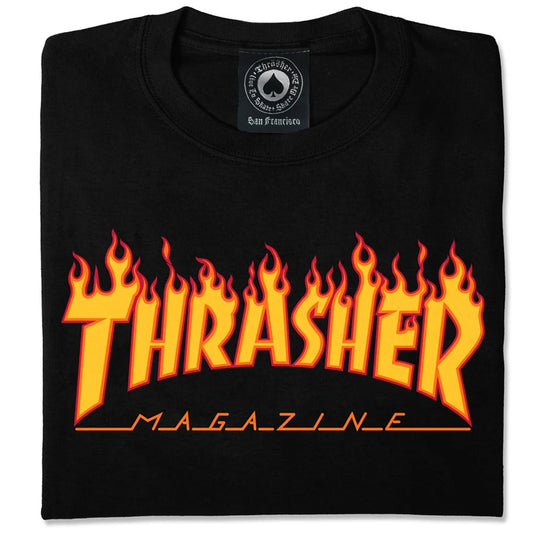 Black t-shirt with orange 'Thrasher Magazine' flame logo on a white background