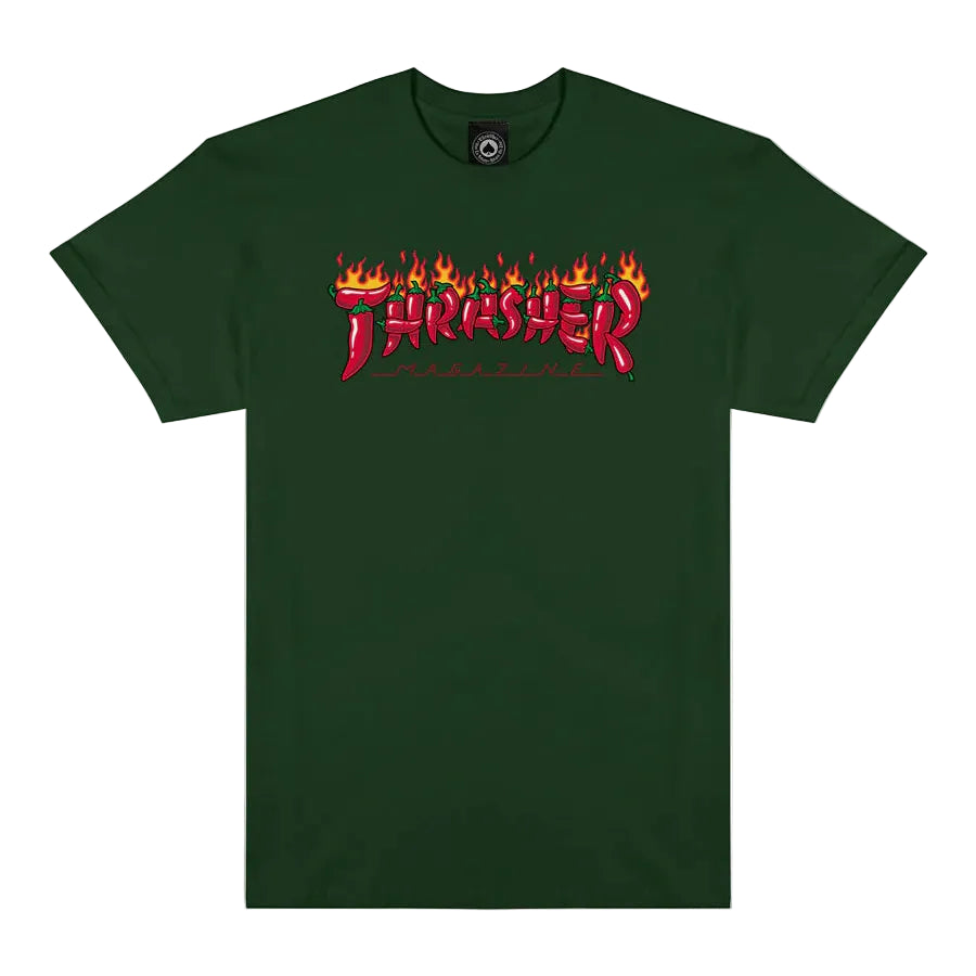 Green t-shirt with red and yellow 'Thrasher' logo on a white background