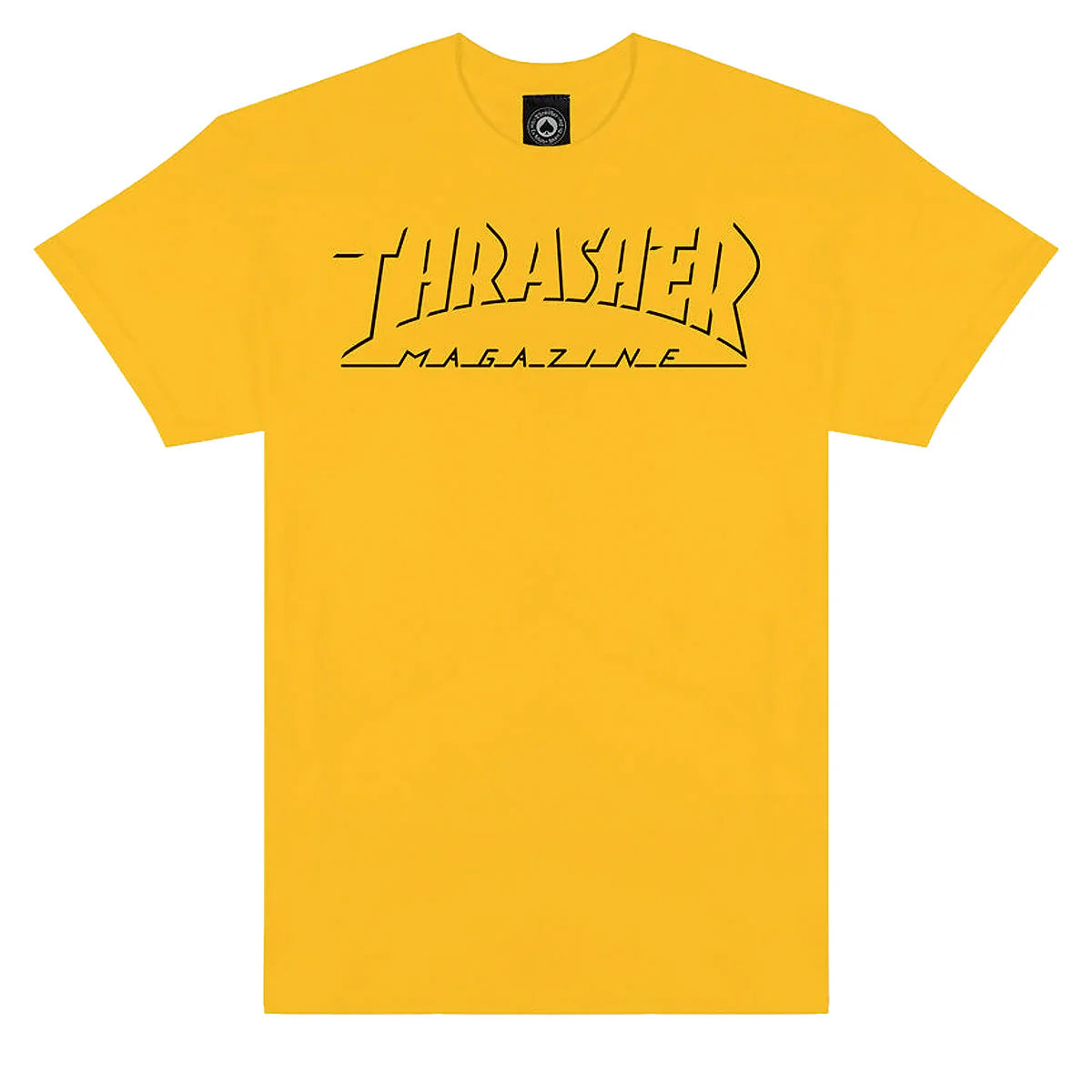 Yellow t-shirt with Thrasher Magazine logo on a white background