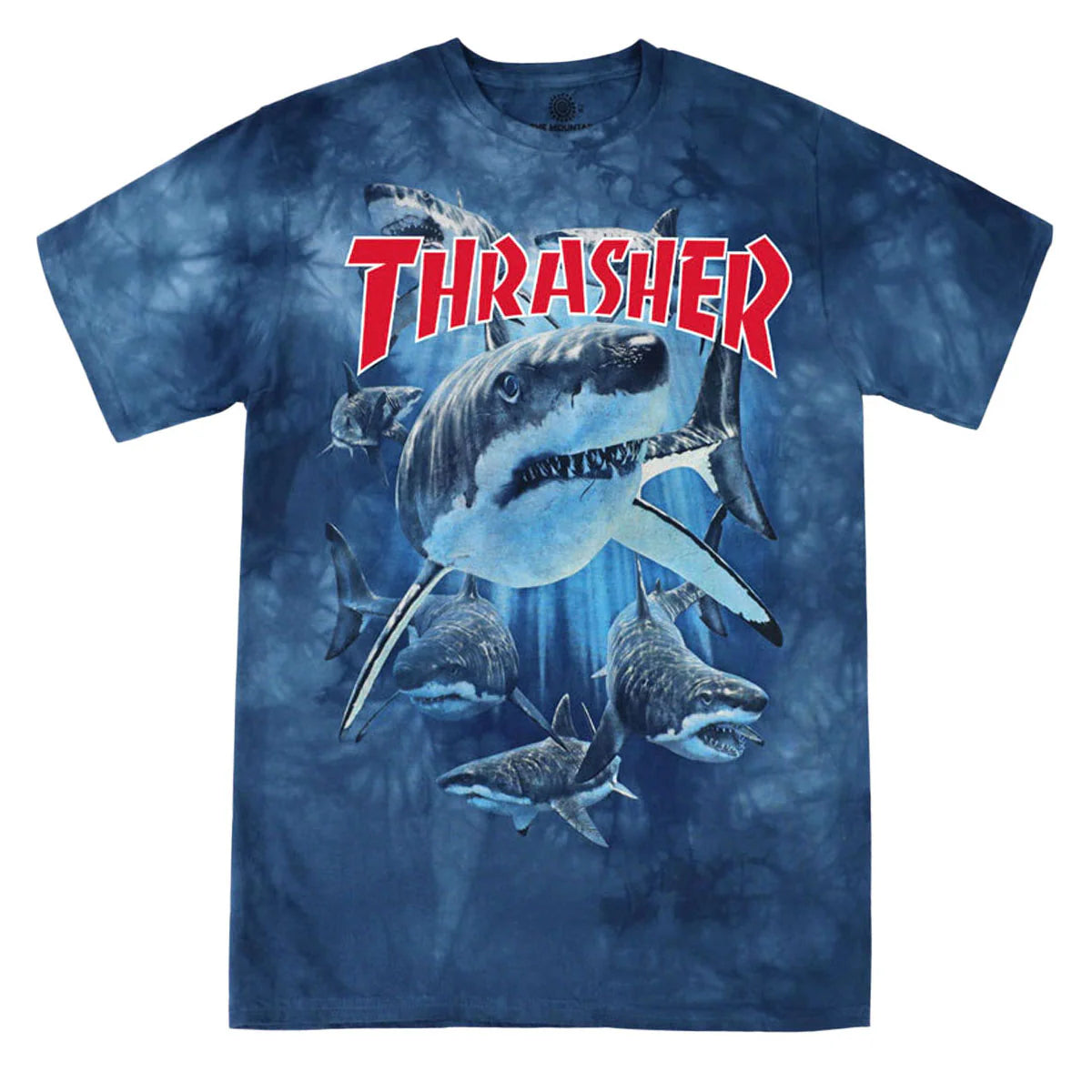 Tie-dye t-shirt with a shark graphic and 'Thrasher' logo on a white background