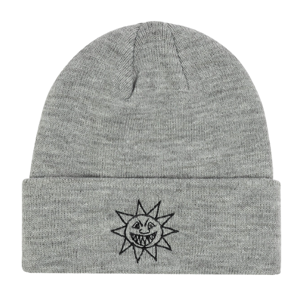 Gray beanie with a black embroidered design on a white background