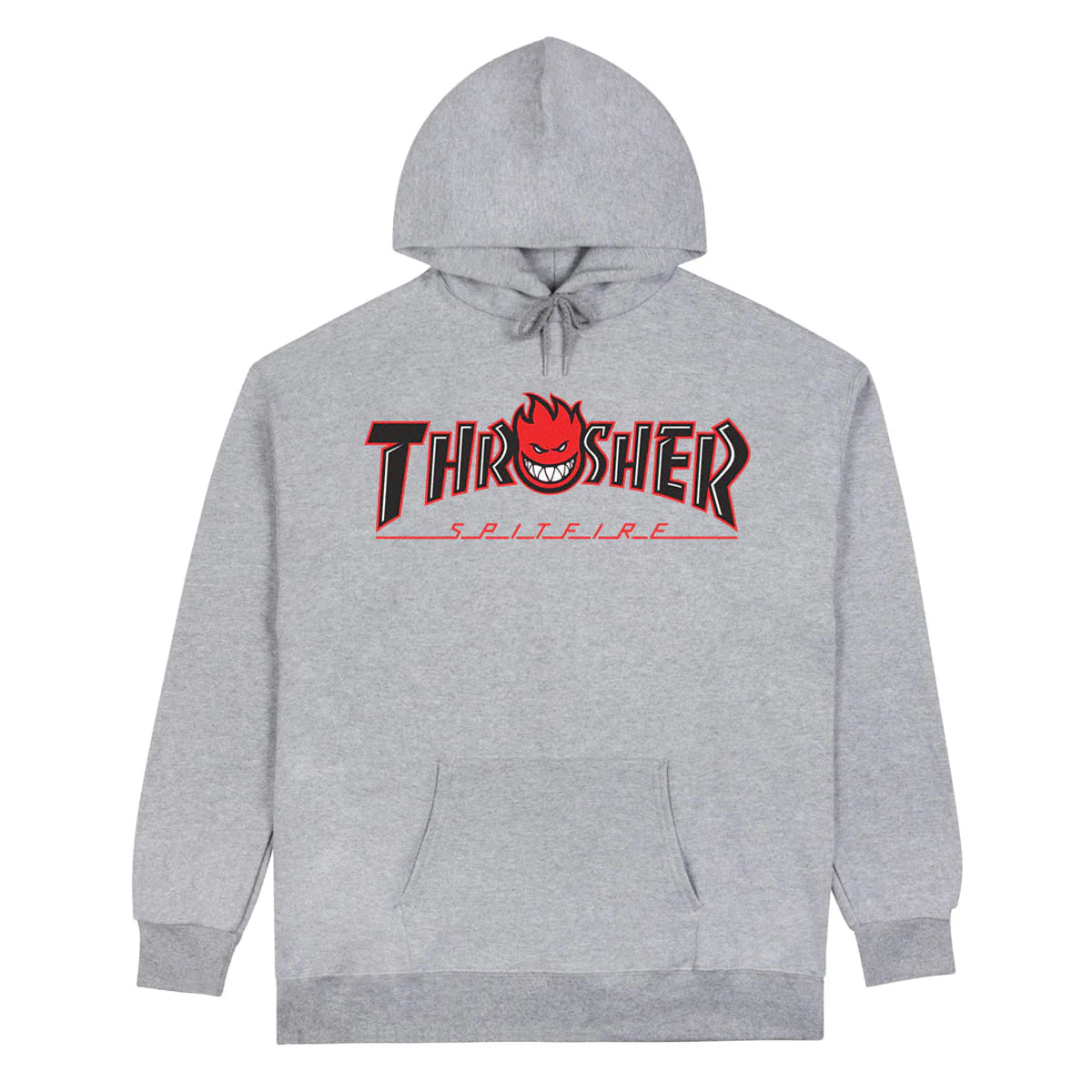 Gray hoodie with Thrasher logo on a white background