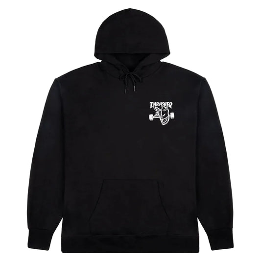 Black hoodie with a logo on the chest against a white background