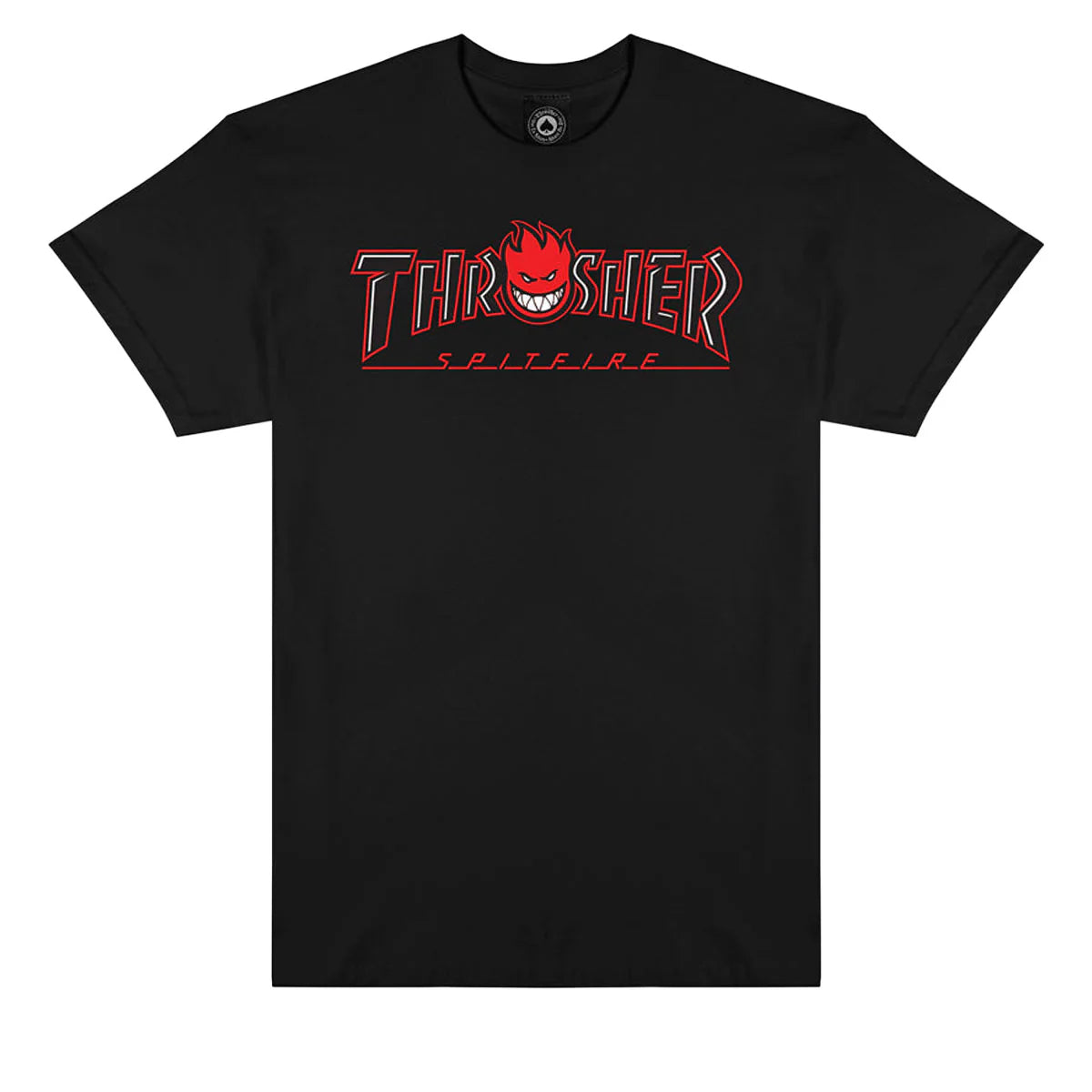 Black t-shirt with red and white 'Thrasher' logo on a white background