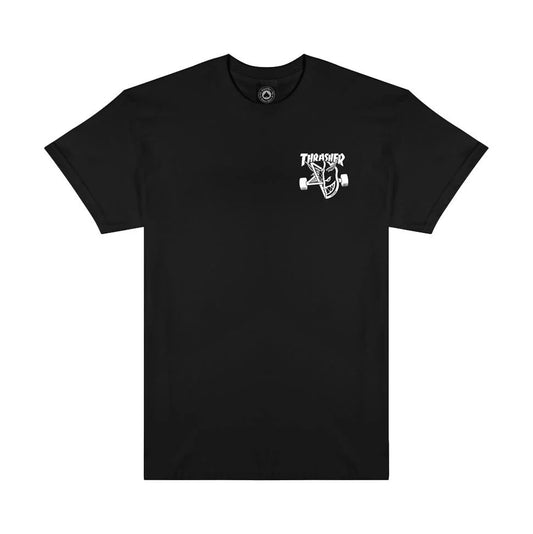 Black t-shirt with a white logo on a white background