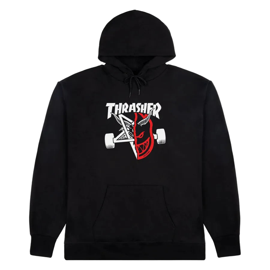Black hoodie with a graphic design on a white background