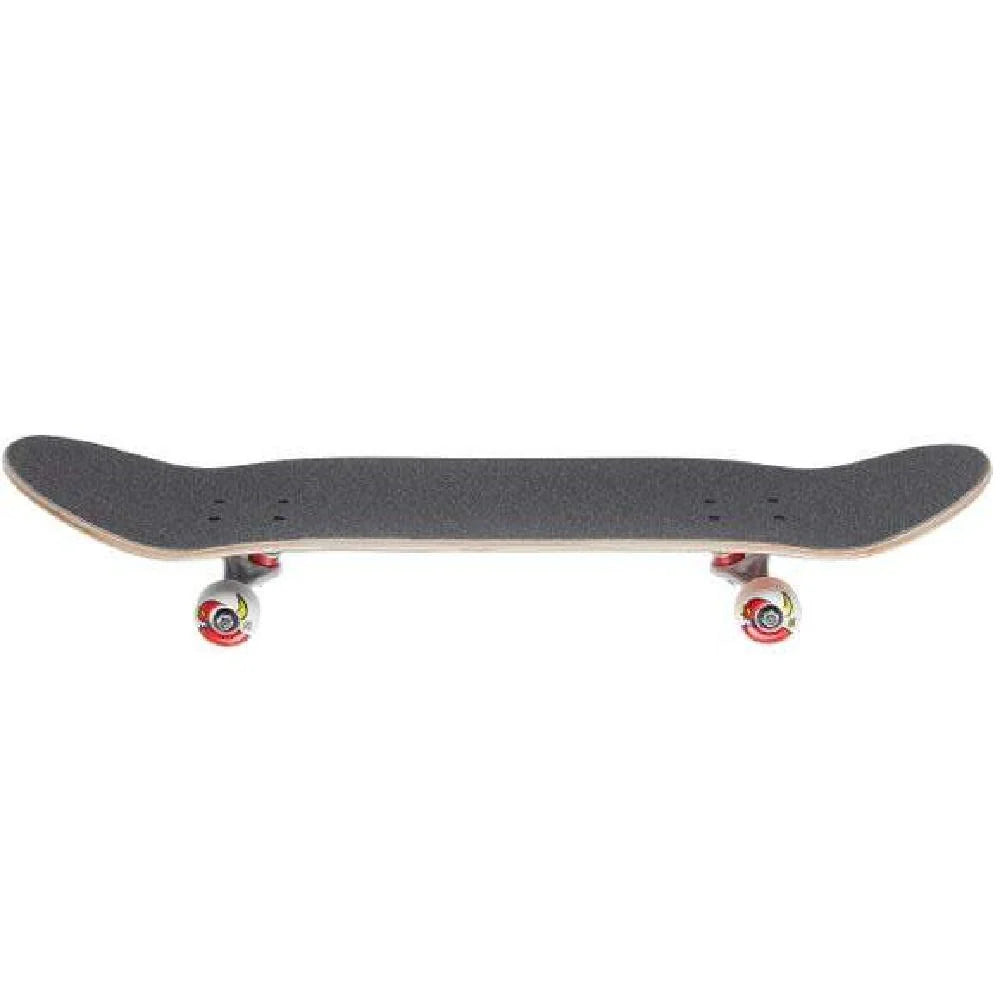 Skateboard with a black deck and red and white wheels on a white background