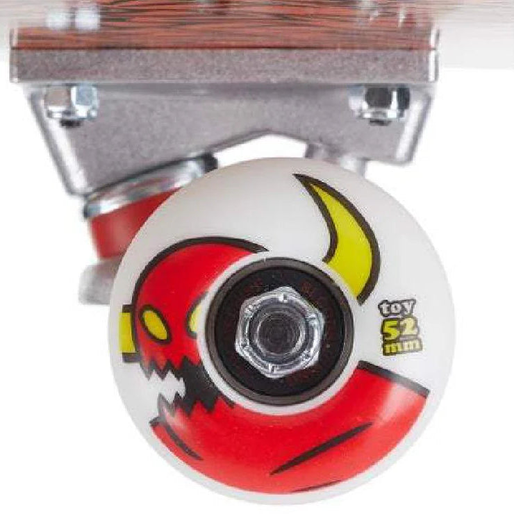 Close-up of a skateboard wheel with a red and white design on a white background