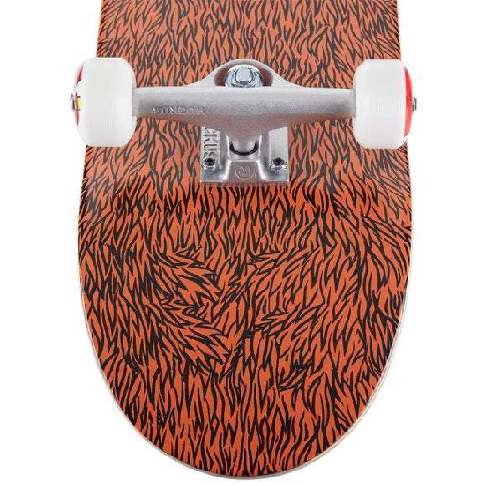 Skateboard with orange and black pattern on a white background