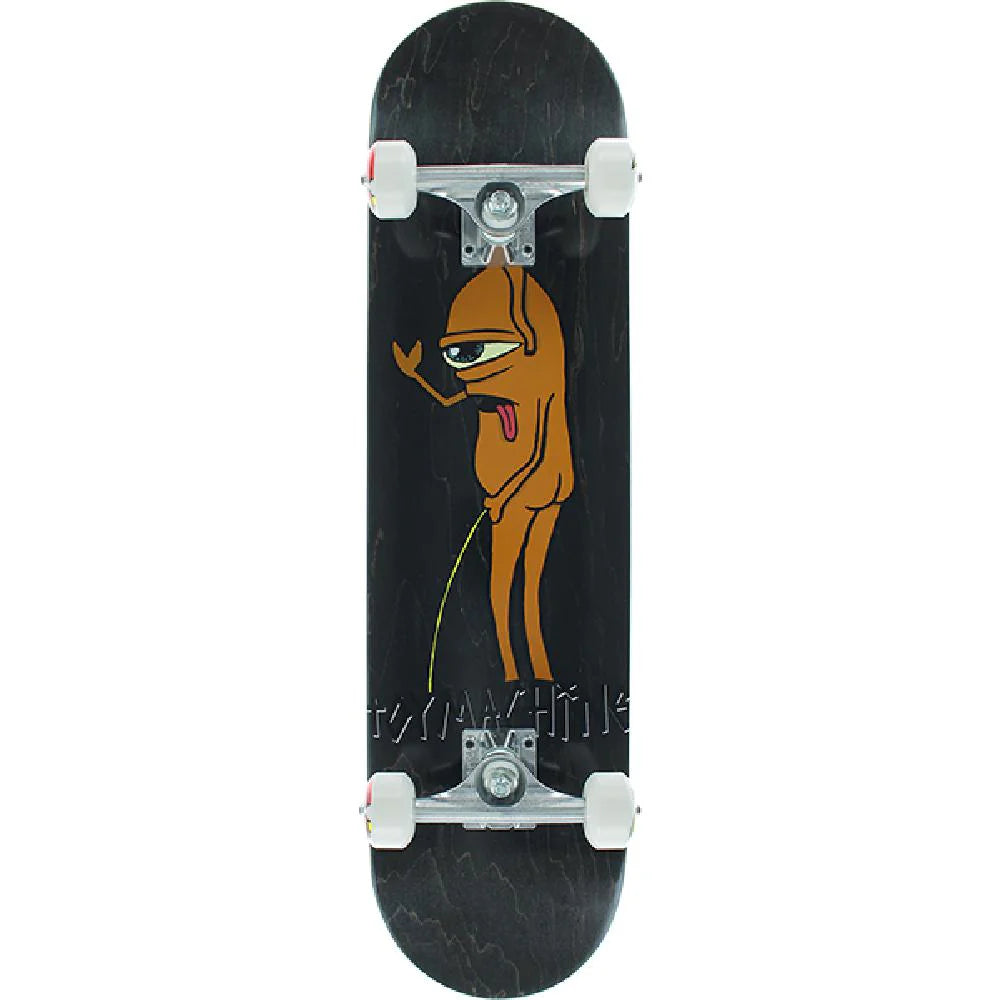 Skateboard with a cartoon character design on a black background